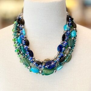Necklace - Statement - 5 Strands - Stones, Silver & Sparkling Beads - 17” - LNC